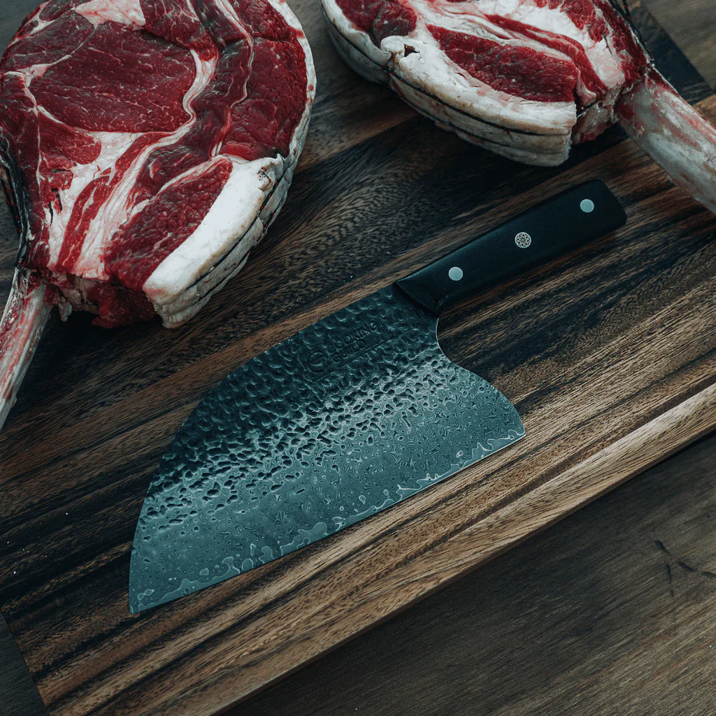 Custom Handmade Damascus Cleaver Knife – 10" Blade with Black Epoxy Resin Handle & Leather Sheath