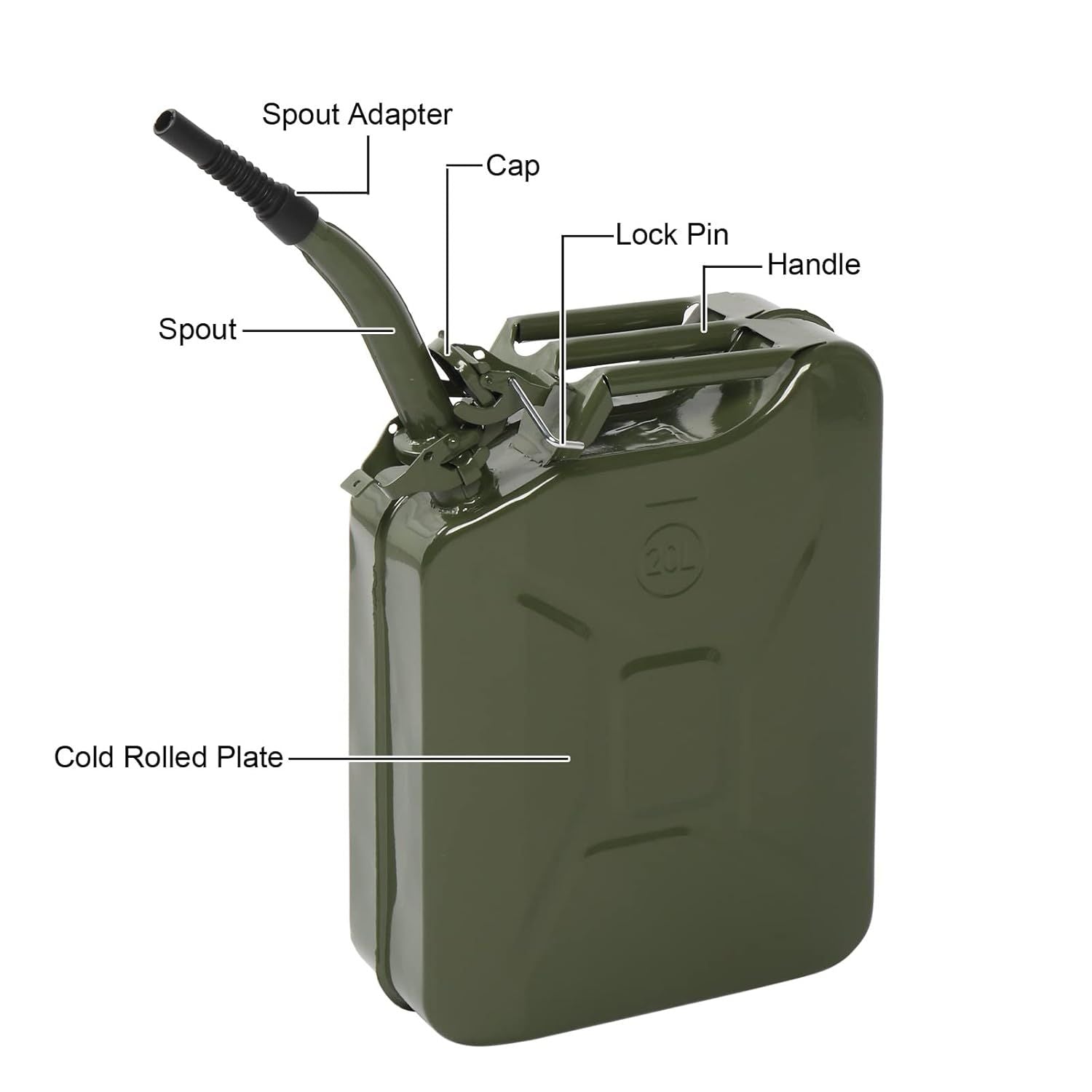 5 Gallon Jerry Fuel Can with Flexible Spout, Portable Jerry Cans Fuel Tank Steel Fuel Can, Fuels Gasoline for Cars, Trucks, Green